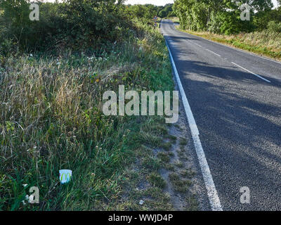 Una tazza di cartone che è stato buttato fuori da un veicolo piombo nell'erba sul lato di una strada principale che non abbia alcun traffico su di essa Foto Stock