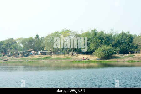 Gange fiume shore (nome locale Damodar ) nel tempo al tramonto con lussureggiante tropicale delle pianure di Gangetic nella Purbasthali, West Bengal, India. Un India rurale landsc Foto Stock