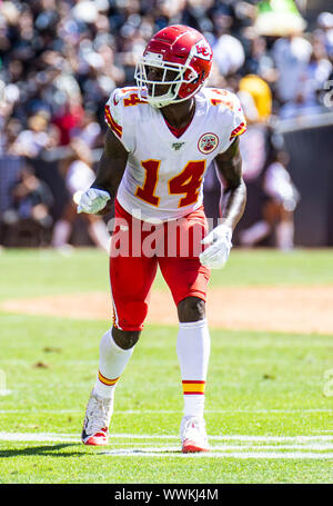 RingCentral Coliseum Oakland Calif, STATI UNITI D'AMERICA. Xv Sep, 2019. Stati Uniti Kansas City wide receiver Sammy Watkins (14) sulla linea di scrimmage durante la NFL partita di calcio tra Kansas City Chiefs e Oakland Raiders 28-10 vincere a RingCentral Coliseum Oakland California Thurman James/CSM/Alamy Live News Foto Stock