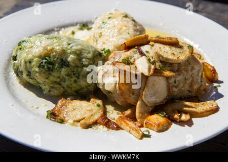 Alto Adige specialità gnocco con funghi porcini e formaggio parmigiano Foto Stock