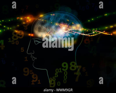 Composizione della testa umana delinea, luci, numeri astratti e gli elementi di design come un concetto metafora per la moderna tecnologia, la rivoluzione digitale, sci Foto Stock