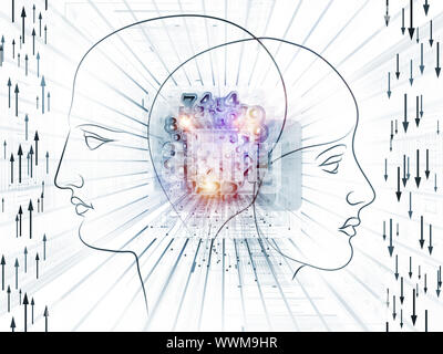 Interazione di testa umana delinea, luci, numeri astratti e gli elementi di design sul tema della moderna tecnologia, la rivoluzione digitale, scientifico th Foto Stock