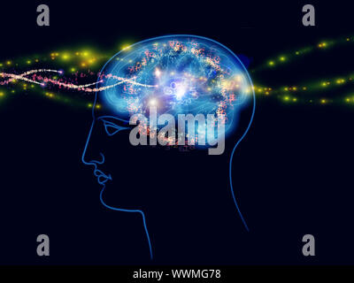 Interazione di testa umana delinea, luci, numeri astratti e gli elementi di design sul tema della moderna tecnologia, la rivoluzione digitale, scientifico th Foto Stock