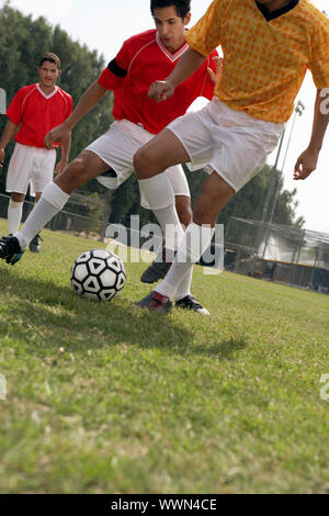 I giocatori di calcio in lizza per la sfera Foto Stock