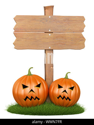 3d poster di Halloween. Cartello in legno con due zucche di base. Illustrazione Foto Stock