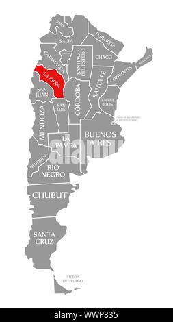 La Rioja evidenziata in rosso nella mappa di Argentina Foto Stock