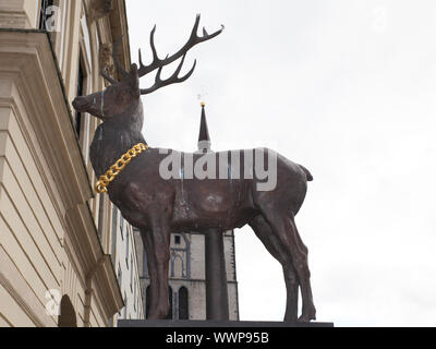 Hirschsäule sul Mercato Vecchio a Magdeburgo, nel Land Sassonia-Anhalt Foto Stock