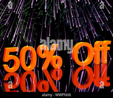 50% di sconto con fuochi d'artificio mostra vendita sconto del cinquanta percento Foto Stock