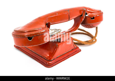 Vintage di metallo rosso telefono giocattolo 1940s Foto Stock