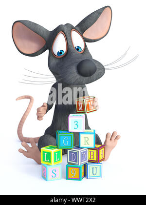 3D rendering di un cartoon carino mouse seduto sul pavimento e la riproduzione e la costruzione di una torre con blocchi giocattolo. Sfondo bianco. Foto Stock
