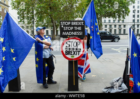 Londra, Regno Unito. 16 settembre 2019. Anti-Brexit dimostranti protestano in Whitehall, il giorno prima che la Corte Suprema sta per iniziare una tre-giorni di audizione per decidere se o non la decisione del Primo Ministro Boris Johnson a prorogue il Parlamento è illegale. Credito: Stephen Chung / Alamy Live News Foto Stock