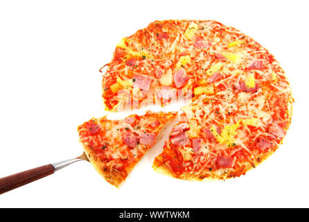 Prendendo una porzione della pizza americana Foto Stock