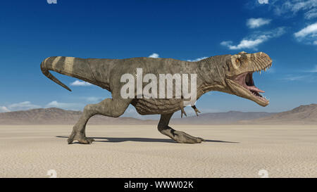 T-Rex dinosauro, Tyrannosaurus Rex rettile preistorico Jurassic ruggente animale in natura deserta, ambiente 3D illustrazione Foto Stock