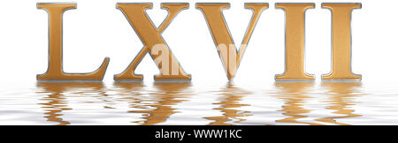 Numero romano LXVII, septem et sexaginta, 67, sessanta sette, che si riflette sulla superficie dell'acqua, isolato su bianco, 3D render Foto Stock