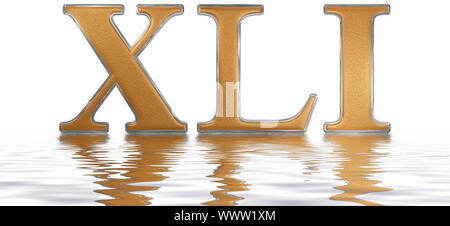 Numero romano XLI, unus et quadraginta, 41, Forty One, riflessa sulla superficie dell'acqua, isolato su bianco, 3D render Foto Stock