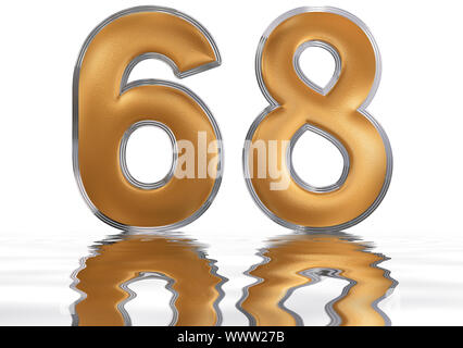Il numero di riferimento 68, sessanta otto, che si riflette sulla superficie dell'acqua, isolato su bianco, 3D render Foto Stock