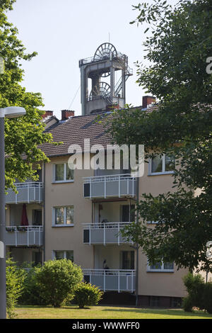 Casa di abitazione e headframe della miniera di carbone di Auguste Victoria, Marl, la zona della Ruhr, Germania, Europa Foto Stock