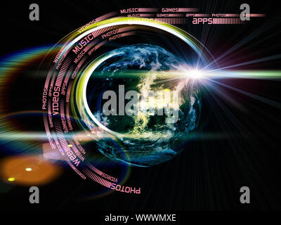 La disposizione dei percorsi di luce, immagini satellitari (cortesia della NASA) e luci sul tema della scienza, di progresso e di tecnologie globali Foto Stock