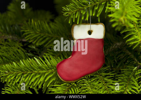 Presente il calzino forma pane breve cookie nella struttura ad albero di Natale Foto Stock