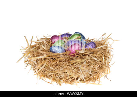 Nido di paglia con le uova di Pasqua di cioccolata Foto Stock