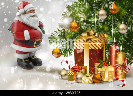 Storia di Natale: Babbo Natale con i doni vicino a un albero di Natale. 3 D rendering. Foto Stock