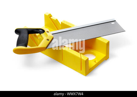 Un mitra giallo casella e un backsaw su bianco Foto Stock