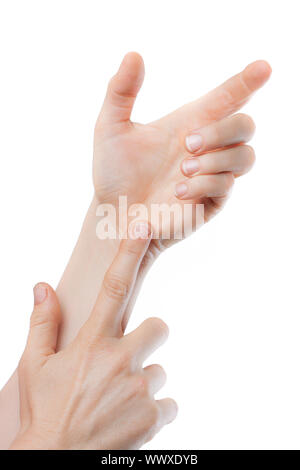 Una inquadratura ravvicinata delle mani e che puntano a nulla. Spazio per il testo o il prodotto che deve essere messo in mano. Isolato su bianco. Foto Stock