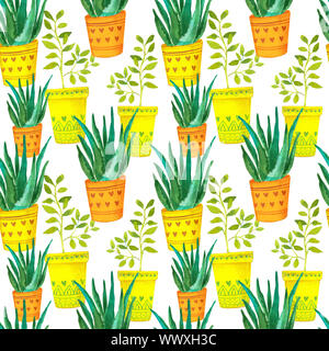 Seamless sfondo con acquerelli di cactus e piante succulente. Illustrazione ad acquerello per tessuti, tessuto e pattern. Foto Stock