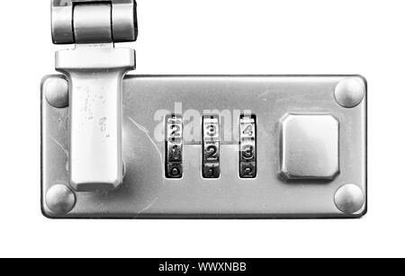 Macro della valigia o borsa da viaggio serratura a combinazione isolate su bianco - compone il numero impostato su 123, fondale Focus Foto Stock