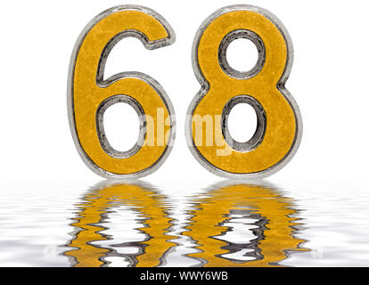 Il numero di riferimento 68, sessanta otto, che si riflette sulla superficie dell'acqua, isolato su bianco, 3D render Foto Stock