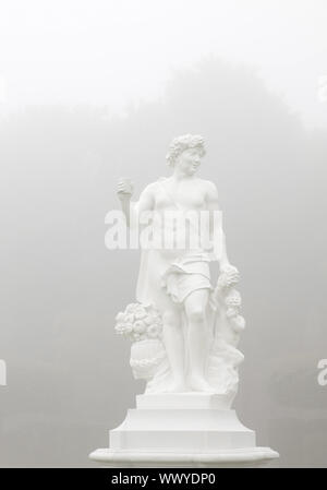 Scultura nel giardino di un palazzo Augustusburg nella nebbia, Bruehl, Renania settentrionale-Vestfalia, Germania, Europa Foto Stock