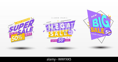 Bundle super, mega e grande vendita banner design, per titolo opuscolo o poster stagione di promozione vendita, di un prodotto o di un servizio, illustrazione vettoriale. possono utilizzare web d Foto Stock