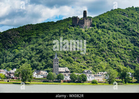 Castello Maus che si affaccia sul fiume Reno, Sito Patrimonio Mondiale dell'UNESCO, valle del medio Reno, Renania-Palatinato, Germania, Europa Foto Stock