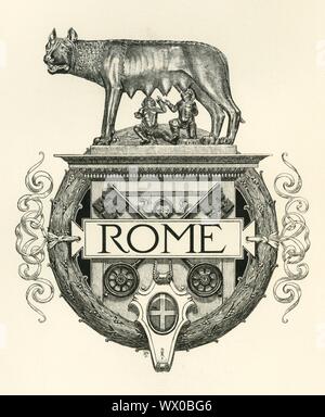 "Roma", fine XIX-inizio XX secolo. Rivestimento decorativo di bracci per la città di Roma, capitale d'Italia . Le due chiavi incrociate rappresentano la promessa di Cristo a Pietro: "Io ti affido le chiavi del regno dei cieli". (La Città del Vaticano, la casa del Papa che è il capo della Chiesa Cattolica Romana, giace entro la città di Roma.) sopra è il lupo capitolino, una scultura in bronzo che raffigura una lupa lattante il mitico due gemelli fondatori di Roma, Romolo e Remo. Il progetto comprende una corona di alloro, imperiale romana, simbolo della vittoria marziali. Foto Stock