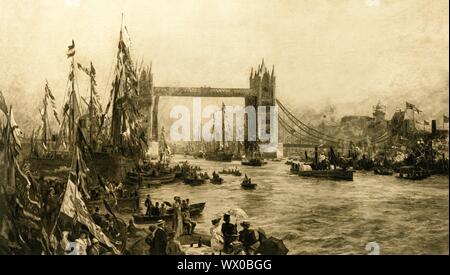 " La cerimonia di apertura del Tower Bridge', C1894. Il Tower Bridge sul fiume Tamigi a Londra è stata aperta ufficialmente il 30 giugno 1894 dall allora Principe di Galles (il futuro re Edoardo VII), e la Principessa di Galles (Alexandra della Danimarca). La processione di navi passando attraverso incluso il Trinity House yacht "Irene", il cannoniere HMS Landrail "", il "Bismarck' e il 'Clacton Bell'. La costruzione del ponte era iniziato nel 1881 su disegno di Sir Horace Jones - la sezione centrale potrebbe essere sollevato per consentire il passaggio delle navi da e per i pontili di occupato di Londra. Foto Stock