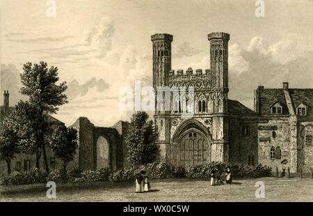 " Canterbury. Porta di Sant'Agostino's", c1830. La grande Porta di St Augustine's Abbey, un monastero benedettino a Canterbury nel Kent. The Gatehouse, noto anche come il Gate Fyndon, fu ricostruita da 1301 a 1309 dall abate Fyndon. Foto Stock