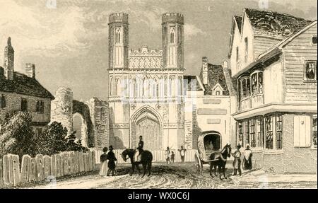 'St. Augustine's Gate, Canterbury. Kent', C1835. La grande Porta di St Augustine's Abbey, un monastero benedettino a Canterbury nel Kent. The Gatehouse, noto anche come il Gate Fyndon, fu ricostruita da 1301 a 1309 dall abate Fyndon. Da "curiosità della Gran Bretagna. Inghilterra &AMP; Galles" delineati da Thomas Dugdale. Foto Stock