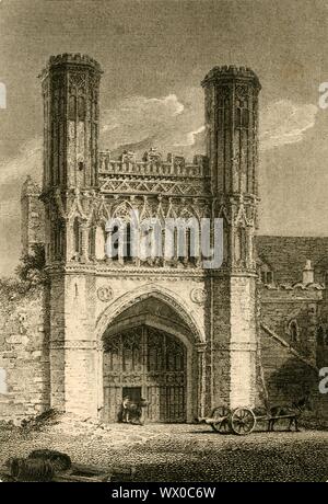 'St. Augustine's Gate, (Canterbury) Kent", 1802. La grande Porta di St Augustine's Abbey, un monastero benedettino a Canterbury nel Kent. The Gatehouse, noto anche come il Gate Fyndon, fu ricostruita da 1301 a 1309 dall abate Fyndon. [Vernor &AMP; cappa, London, 1802] Foto Stock