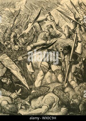 "Morte di Harold nella battaglia di Hastings", 1873. Harold II (c1022-1066) è stato nominato come suo successore come re di angoli e sassoni da Edoardo il confessore. La sua rivendicazione al trono è stata contestata da Guglielmo di Normandia, tuttavia, che sbarcò a Pevensey, Sussex con un esercito il 28 settembre 1066. William e Harold eserciti incontrato nella battaglia sulla Senlac Hill, a 6 miglia di navigazione da Hastings, il 14 ottobre, con i normanni per vincere il giorno. Secondo la leggenda, Harold è stato ucciso da una freccia che lo ha colpito nell'occhio. Da "Cassell è illustrata la storia dell'Inghilterra". [Cassell Petter &AMP; Galpin Foto Stock