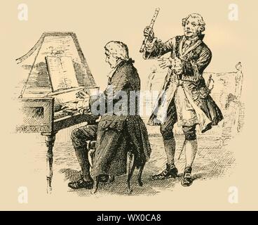 "Il Re esclamò ripetutamente, "una sola Bach! Un solo Bach!"', (1907). Il compositore tedesco Bach impressiona di Federico il Grande con il suo talento: 'Il Re accanto a lui richiesto per riprodurre un sei parte fugue, e Bach extemporised uno su un tema scelto da lui stesso. Il re che stava dietro il compositore la sedia, batterono le mani con delizia e ripetutamente esclamato, "una sola Bach! Un solo Bach!'.' un episodio della vita del compositore tedesco Johann Sebastian Bach (1685-1750). Da "Story-Lives di grandi musicisti", da F.J. Rowbotham. [Wells Gardner, Darton &AMP; Co. Ltd, Lond Foto Stock