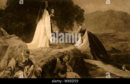 Gesù sul monte degli Ulivi, 1922. L'agonia nel giardino: Gesù e l'angelo con il calice della sofferenza: i giocatori in Oberammergau Passion Play. Il gioco viene eseguito ogni dieci anni, su open-air stadi, dagli abitanti del villaggio di Oberammergau in Baviera, Germania. Andata in scena per la prima volta nel 1634, il gioco racconta la storia della passione di Gesù, che culmina nella sua crocifissione. La manifestazione è diventata un'attrazione turistica, con un pubblico proveniente da tutto il mondo. Cartolina ufficiale del 1922 Oberammergau Passion Play. [F. Bruckmann, Monaco di Baviera, Germania, 1922] Foto Stock