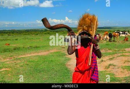 Guerriero Masai suonare il clacson tradizionali Foto Stock