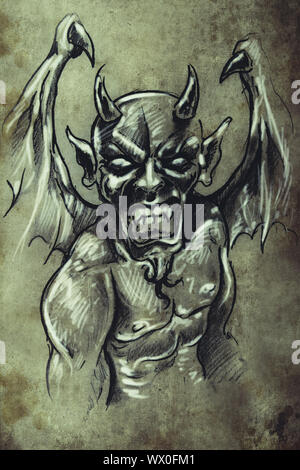 Diavolo, Tattoo sketch, design fatti a mano su carta vintage Foto Stock