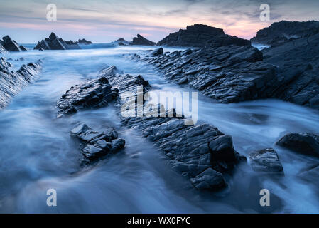 Onde e roccia bagnata battute a Hartland Quay in North Devon al tramonto, Devon, Inghilterra, Regno Unito, Europa Foto Stock