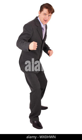 Imprenditore di combattimento è determinato ad agire su sfondo bianco Foto Stock