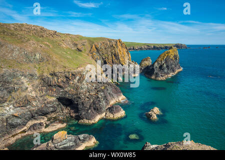 Rocky paesaggi costieri a Kynance Cove sulla penisola di Lizard in Cornovaglia, England, Regno Unito, Europa Foto Stock