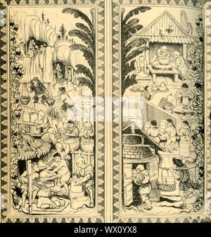 Vasai cinesi al lavoro di progettazione per vetrata, c1870, (1881). "Due pannelli di Windows nella galleria del museo contenente ceramiche' nel South Kensington Museum, da William Bell Scott. Uno dei quattordici vetrate della Galleria di ceramica raffigurante Scott's idea del manufatto ceramico in Cina: portando la creta in gioghi, smalti di miscelazione, impastare, gettando su di una ruota, caricamento in ceramica in un forno di cottura. Da "Il South Kensington Museum", un libro di illustrazioni incise con le descrizioni delle opere d'arte della collezione del Victoria &AMP; Albert Museum di Lon Foto Stock