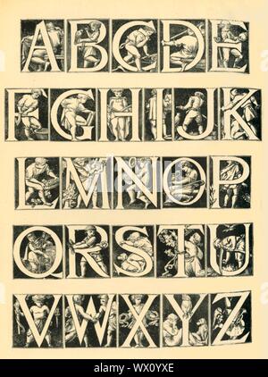 Alfabeto design per piastrelle, 1864, (1881). Alfabeto con figure, progettato da Godfrey Sykes per piastrelle nel South Kensington Museo centro della sala ristoro e galleria di ceramica. Xilografia dopo un disegno a matita da Godfrey Sykes. Da "Il South Kensington Museum", un libro di illustrazioni incise con le descrizioni delle opere d'arte della collezione del Victoria &AMP; Albert Museum di Londra (precedentemente noto come il South Kensington Museum). [Sampson bassa, Marston, Searle e Rivington, London, 1881] Foto Stock