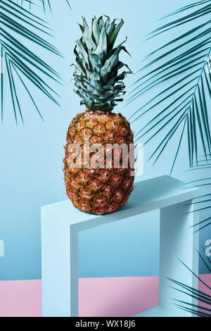 Composizione con ananas su un telaio di legno con foglie di palmo su un azzurro sfondo rosa Foto Stock