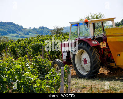 Viticoltura macchinari, area Vergisson, Borgogna e Saône-et-Loire, Bourgogne-Franche-Comté Regione, Francia Foto Stock